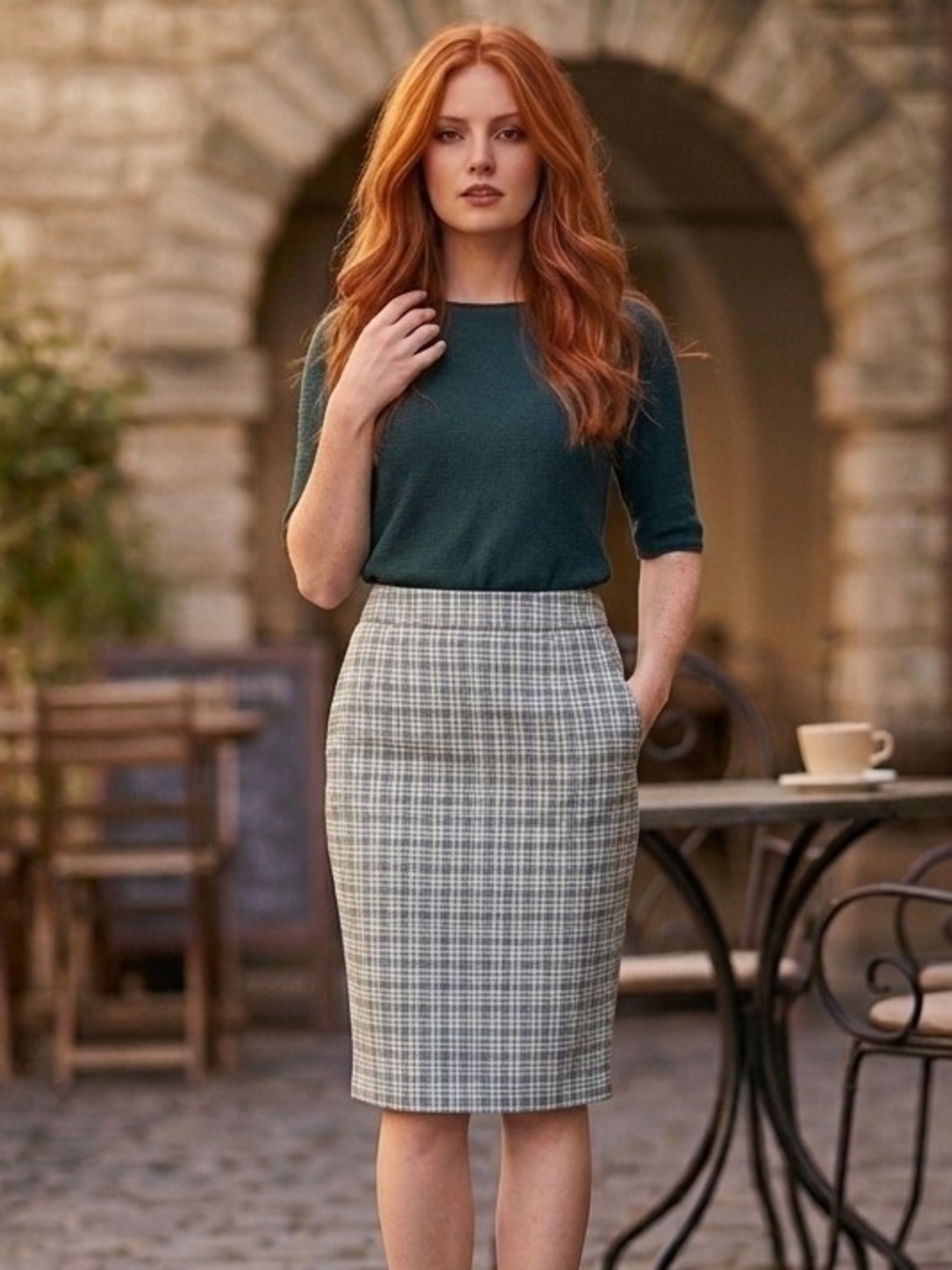Liverpool Plaid Pencil Skirt in Gray and Green